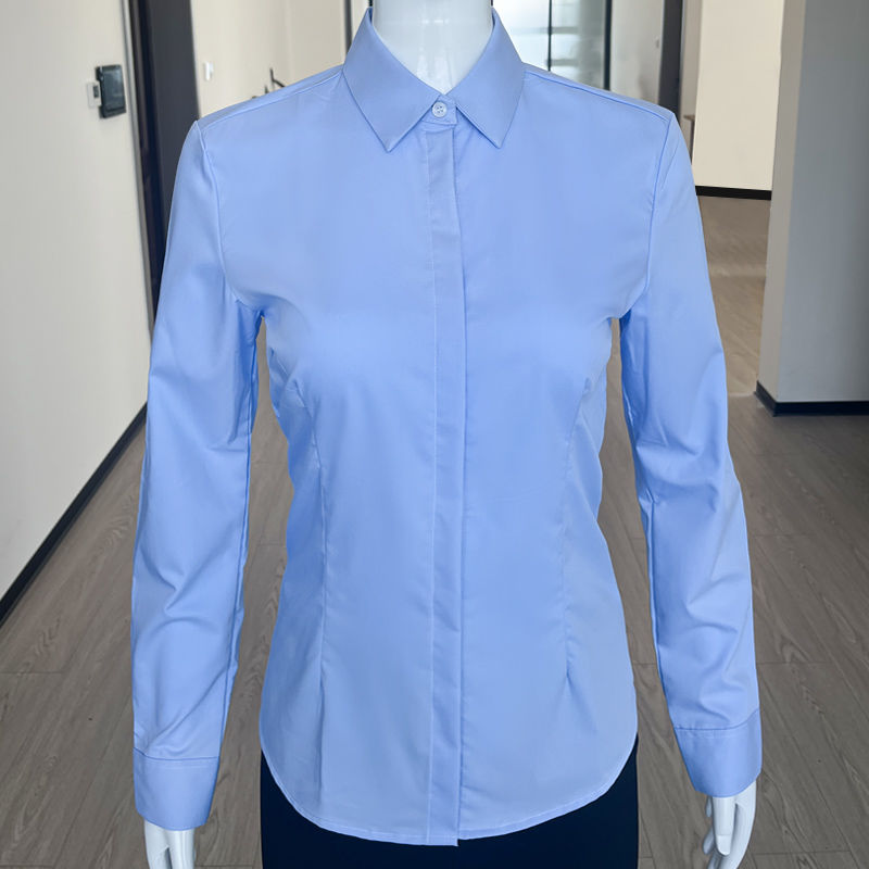 V领蓝色衬衫女长袖新款职业装商务正装银行工作服面试短袖白衬衣