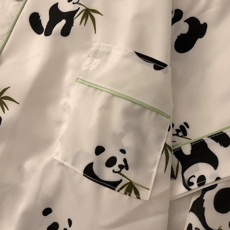 夏季短袖短裤睡衣女可爱小熊猫冰丝薄款开衫2023年新款家居服套装