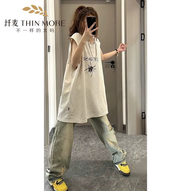 National fashion brand American spider print sleeveless vest t-shirt for women summer loose high street oversize cotton top