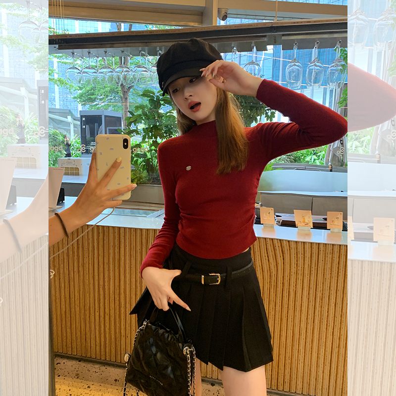 純欲風德絨打底衫長袖T恤女2023秋冬設計感褶皺不規則短款上衣ins