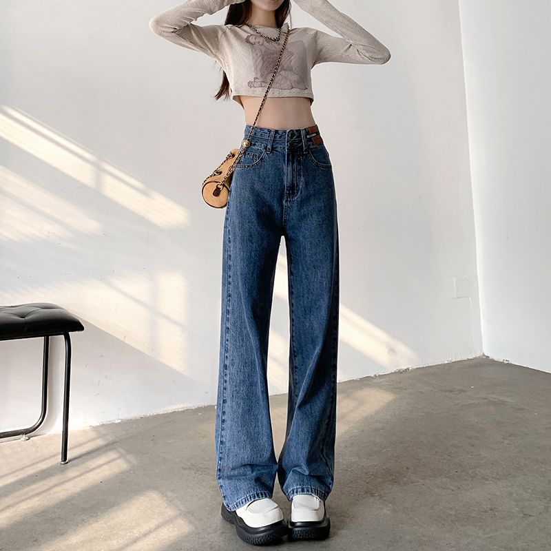 藍色秋季牛仔褲女薄款2023新款高腰顯瘦韓版個性寬鬆直筒闊腿褲子