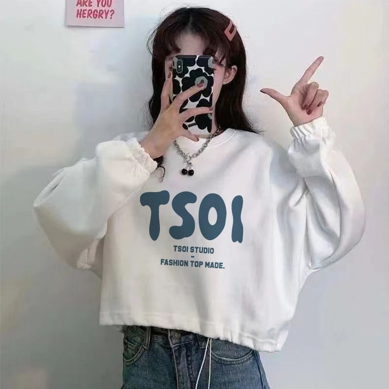 抽繩衛衣女字母寬鬆ins風短款高腰秋冬長袖圓領無帽套頭洋氣上衣