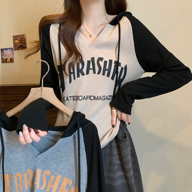秋裝2023年新款撞色時尚洋氣減齡漂亮上衣女早秋長袖連帽薄款衛衣