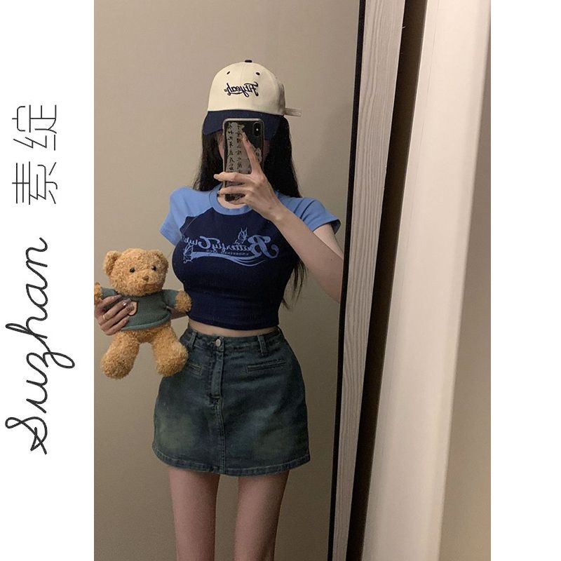 美式拼接撞色插肩袖字母印花短款上衣女夏季百搭時尚純棉短袖t恤