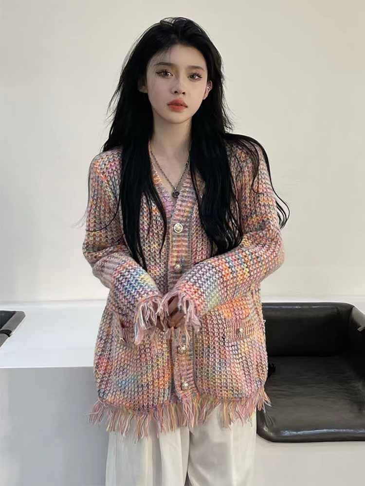 2023韓版法式小香風彩虹毛衣開衫秋冬新款針織外套寬鬆慵懶風上衣