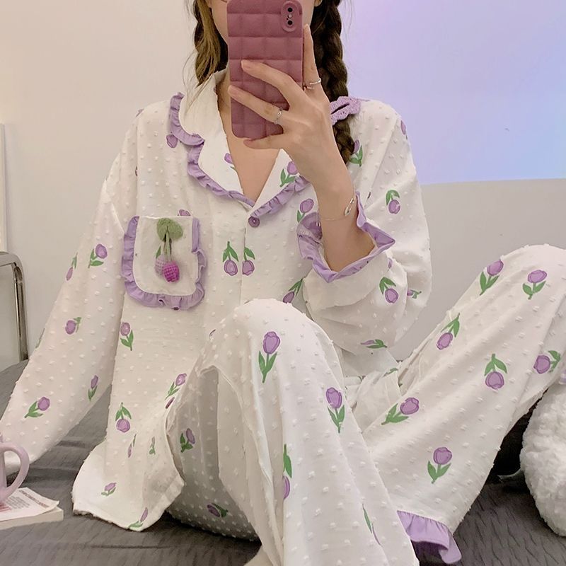 新款高檔提花梭織布睡衣女士春秋季長袖套裝冬天網紅家居服可外穿