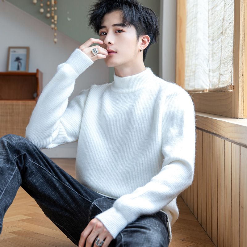 Mid-collar autumn and winter men's sweater new solid color sweater trendy casual bottoming shirt outer wear warm sweater for men