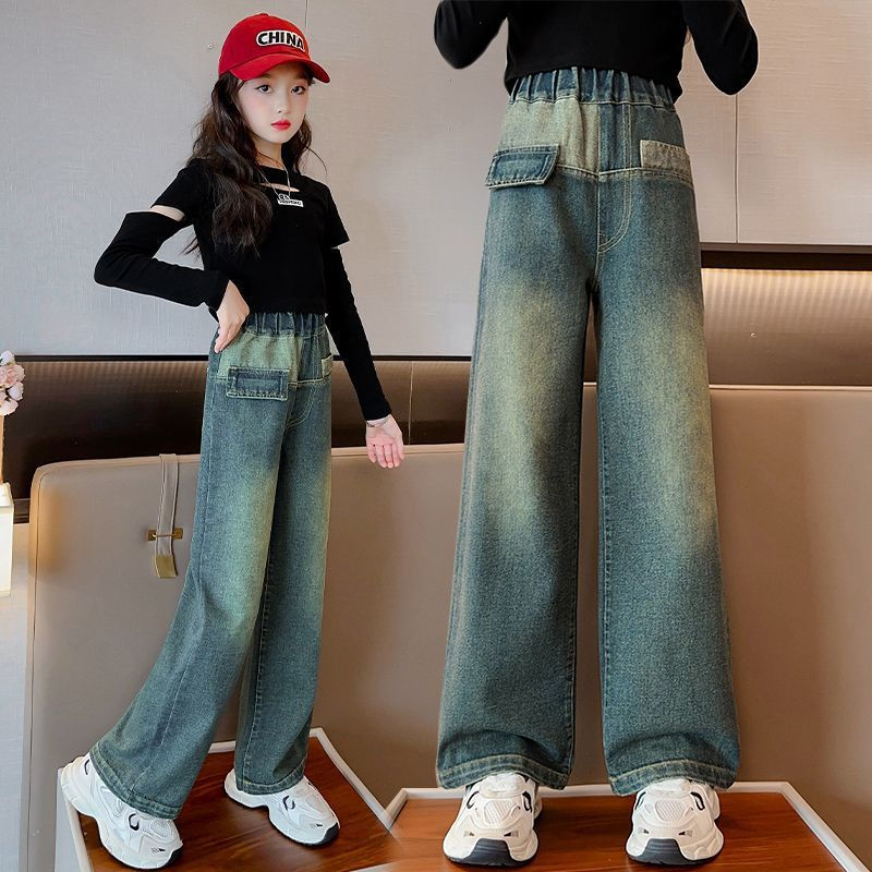女童牛仔褲秋裝2023新款兒童洋氣韓版褲子女孩大童春秋時髦闊腿褲