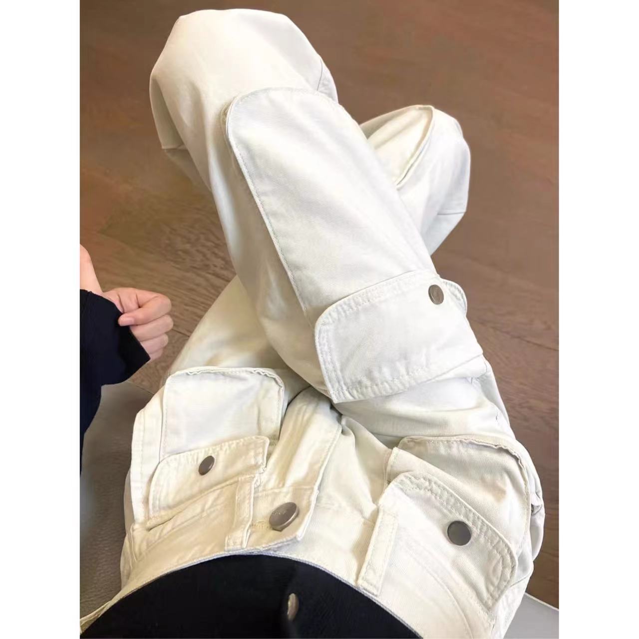 白色牛仔褲女工裝百搭秋冬季辣妹拖地長褲美式潮流直筒多口袋潮流
