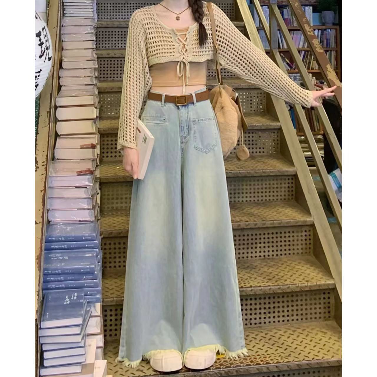 秋冬季寬鬆闊腿牛仔褲女拖地長褲百搭水洗辣妹顯瘦遮肉胖MM歐美風