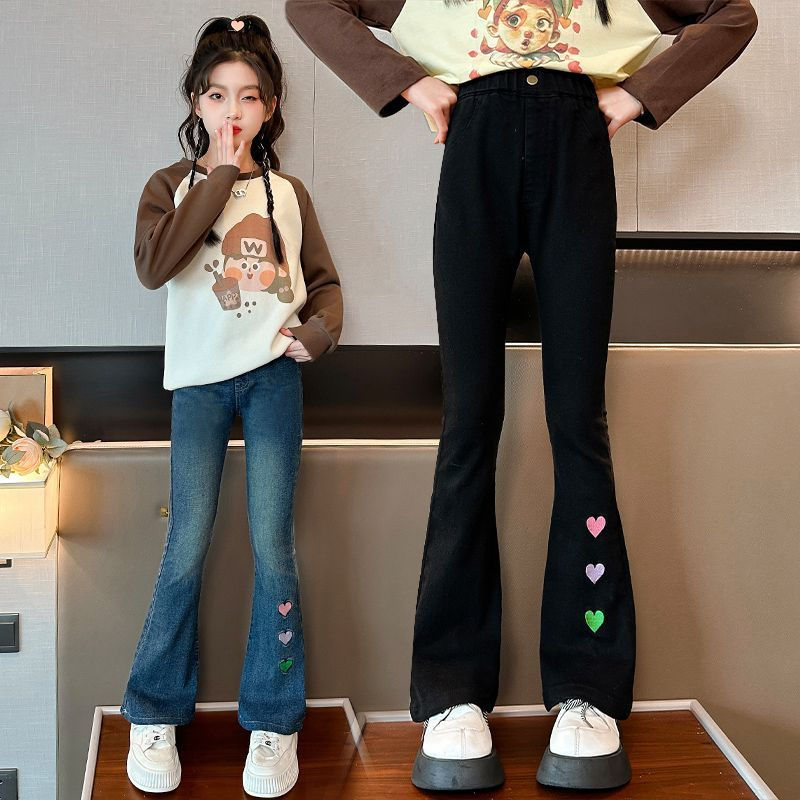 女童牛仔褲子春秋2023新款洋氣秋裝休閒長褲中大童時髦兒童喇叭褲