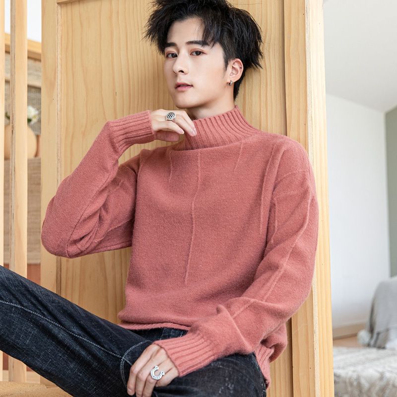 Mid-collar autumn and winter men's sweater new solid color sweater trendy casual bottoming shirt outer wear warm sweater for men