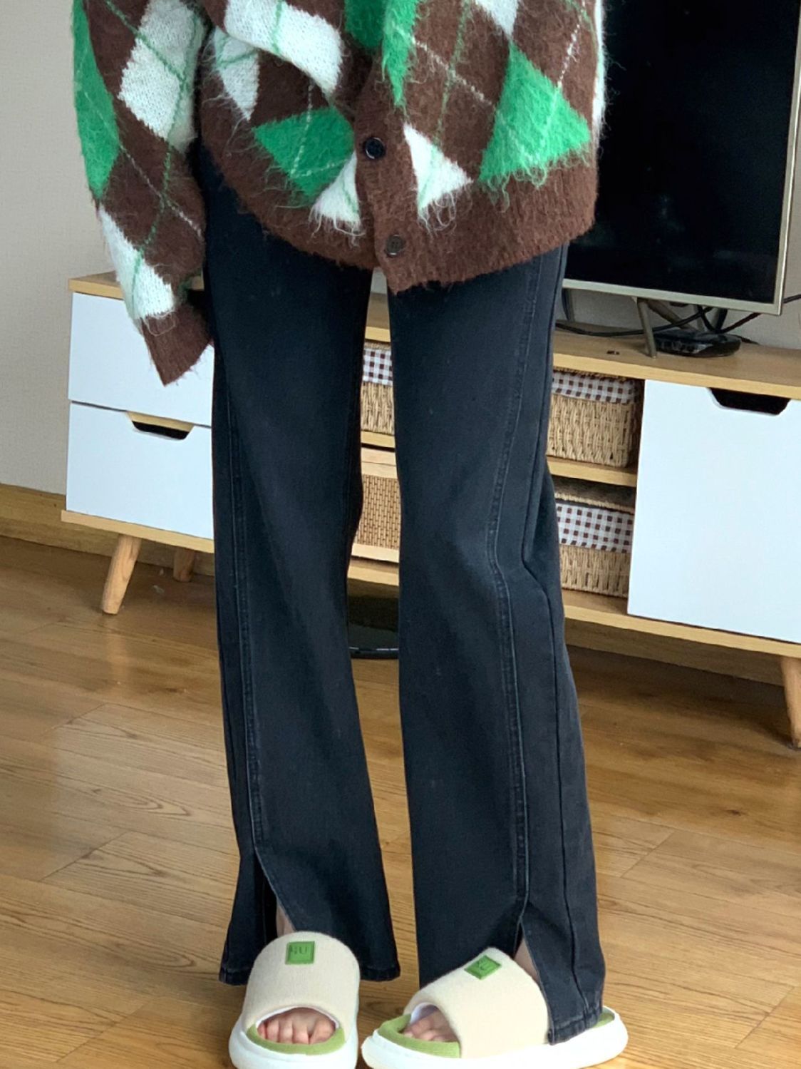 黑灰色開叉牛仔褲女秋季高腰小眾設計感復古顯瘦寬鬆直筒闊腿長褲