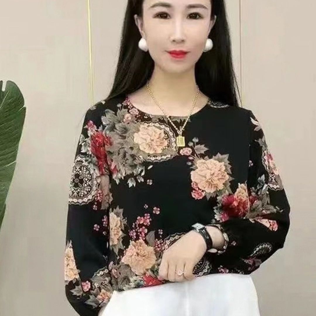 High-end net red hot style loose long-sleeved round neck shirt women's spring new mother dress temperament slim lady small shirt
