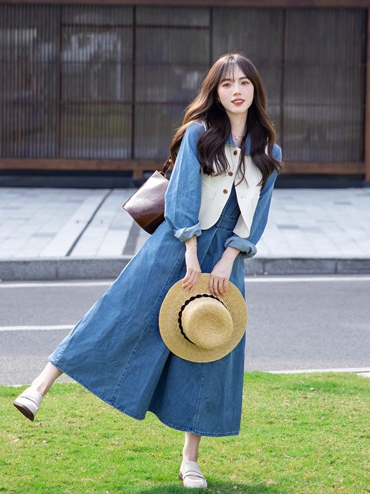 Hong Kong style trendy early autumn design, versatile, slim and temperament vest, high-end denim dress two-piece set for women