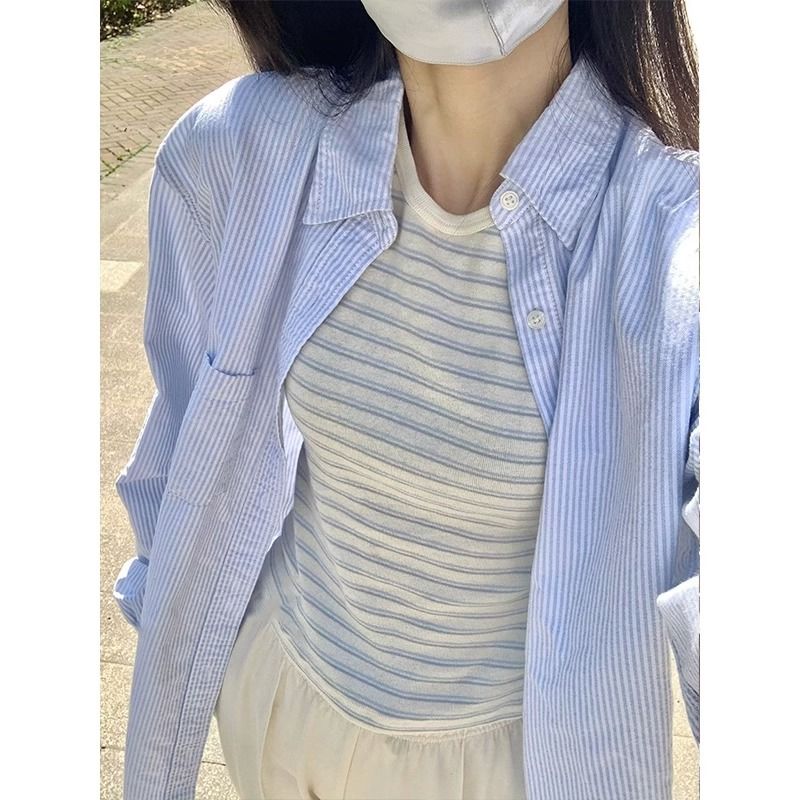 藍色條紋防曬衣襯衫女夏季港風chic別致小眾法式上衣長袖襯衣秋裝