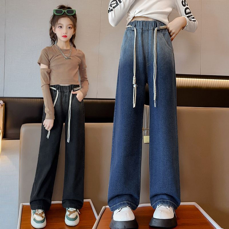 女童褲子2023新款春秋裝闊腿褲洋氣兒童中大童寬鬆休閒秋季牛仔褲