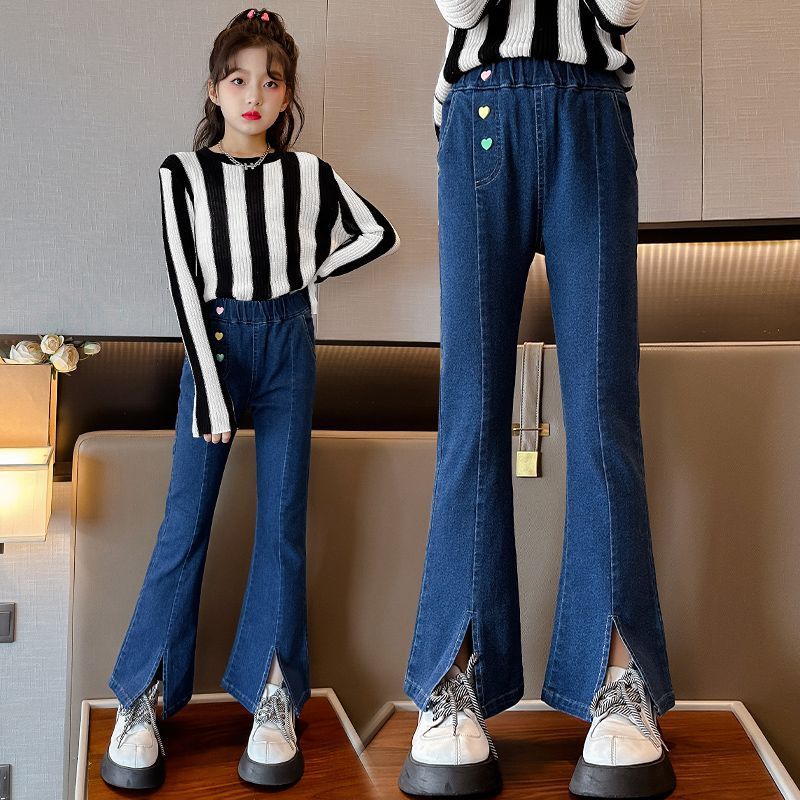 女童喇叭褲春秋季2023新款中大童時髦百搭外穿褲子兒童秋裝牛仔褲