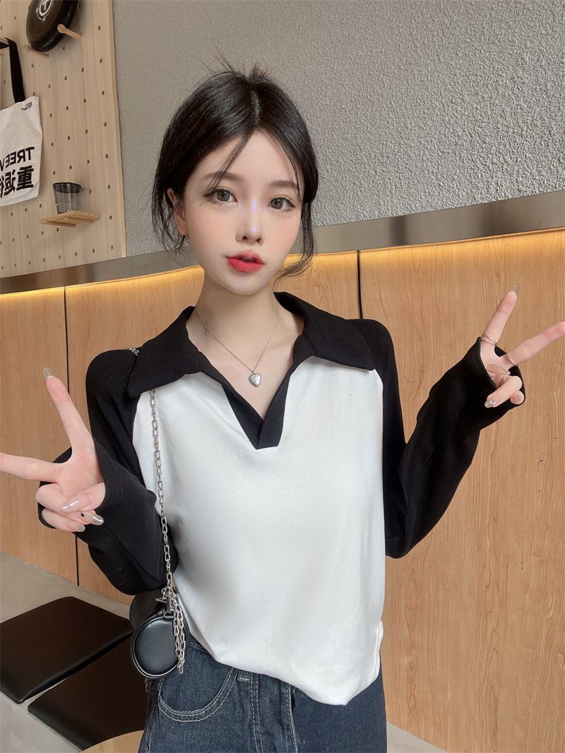 美式復古插肩polo領女t恤秋季穿搭高級感大碼女裝胖mm不規則上衣