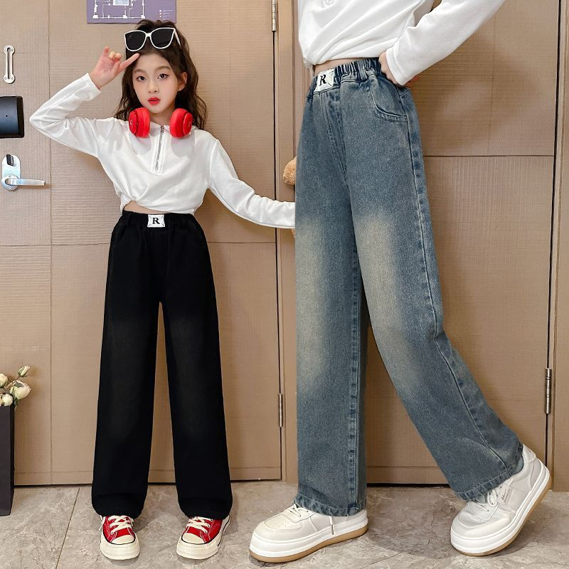 女童牛仔褲春秋款寬鬆直筒女孩秋天外穿闊腿褲秋季小學生兒童褲子