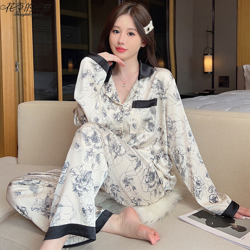 花季的故事春秋款冰絲睡衣女長袖長褲網紅高級感純欲風居家服薄款