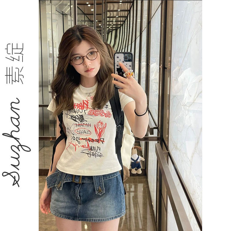 夏季薄款純棉設計感塗鴉字母印花短袖t恤女新款圓領顯瘦百搭上衣