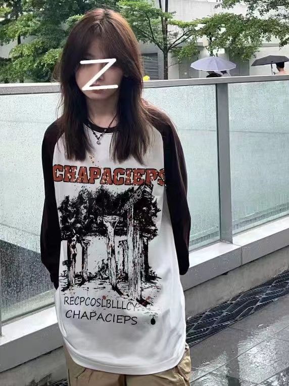 新款純棉寬鬆長袖T恤女學生高街小眾設計感插色印花休閒ins上衣女