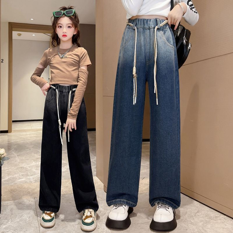 女童牛仔闊腿褲秋裝2023新款兒童洋氣韓版褲子女孩網紅春秋休閒褲