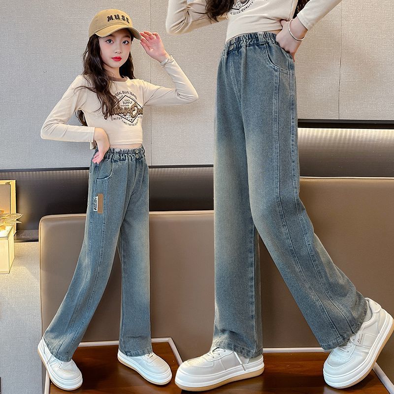 女童褲子2023新款春秋裝洋氣兒童中大童休閒牛仔褲寬鬆秋季闊腿褲