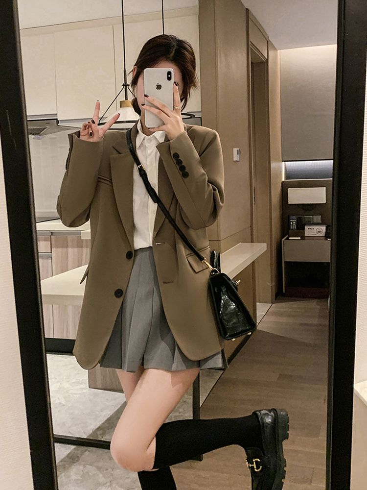 Brown shoulder pad blazer for women spring and autumn new Korean style niche design casual fashion trendy small suit