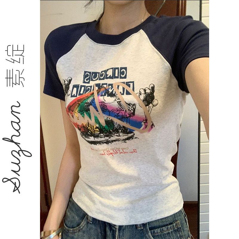 創意塗鴉印花插肩袖短款上衣女夏季拼接撞色圓領設計感純棉短袖潮