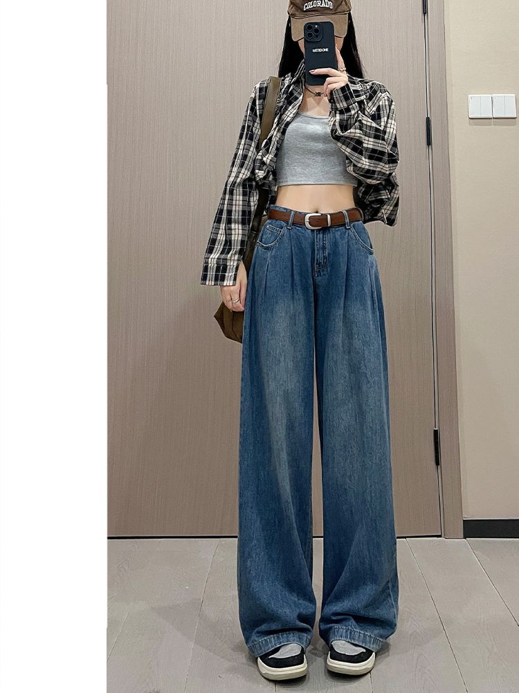 YSYOURS高腰褶皺闊腿牛仔褲女春秋寬鬆垂感百搭顯瘦大碼直筒拖地
