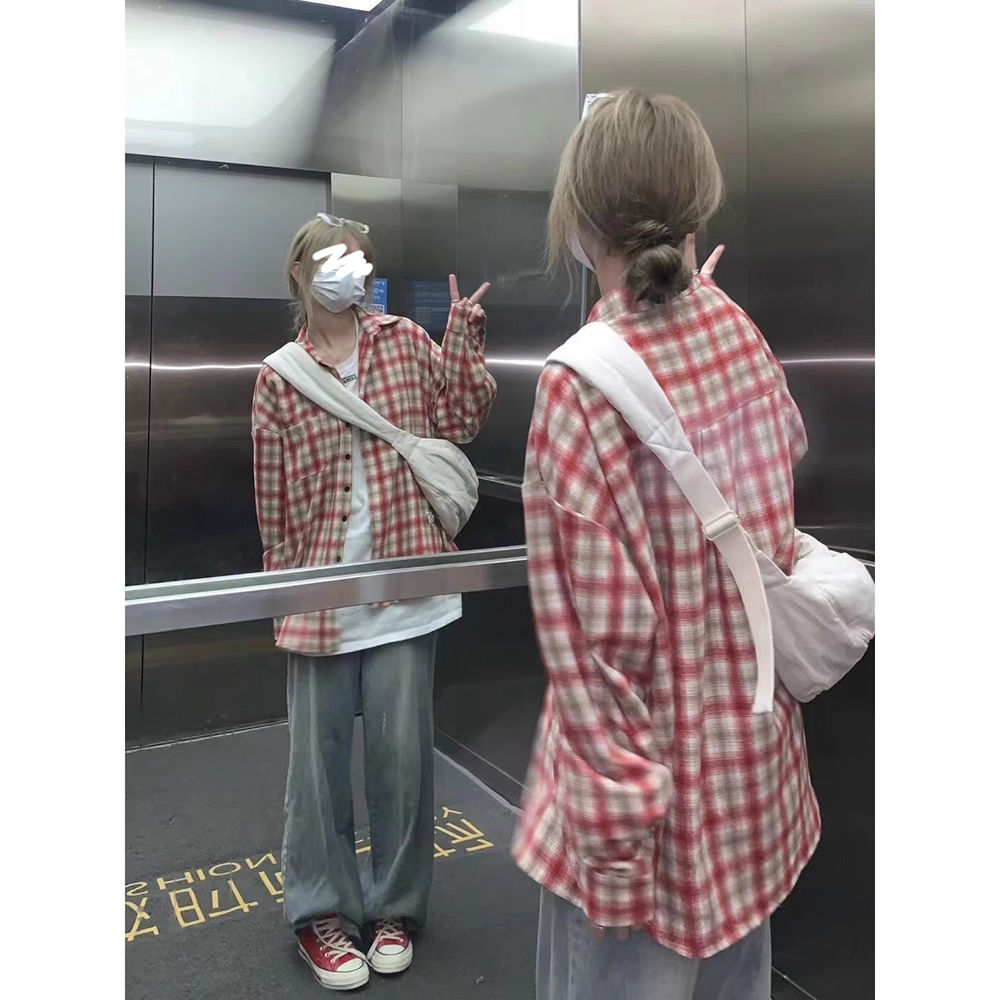 韓版寬鬆休閒長袖上衣女2023秋季新款學院風紅色格子防曬襯衣外套
