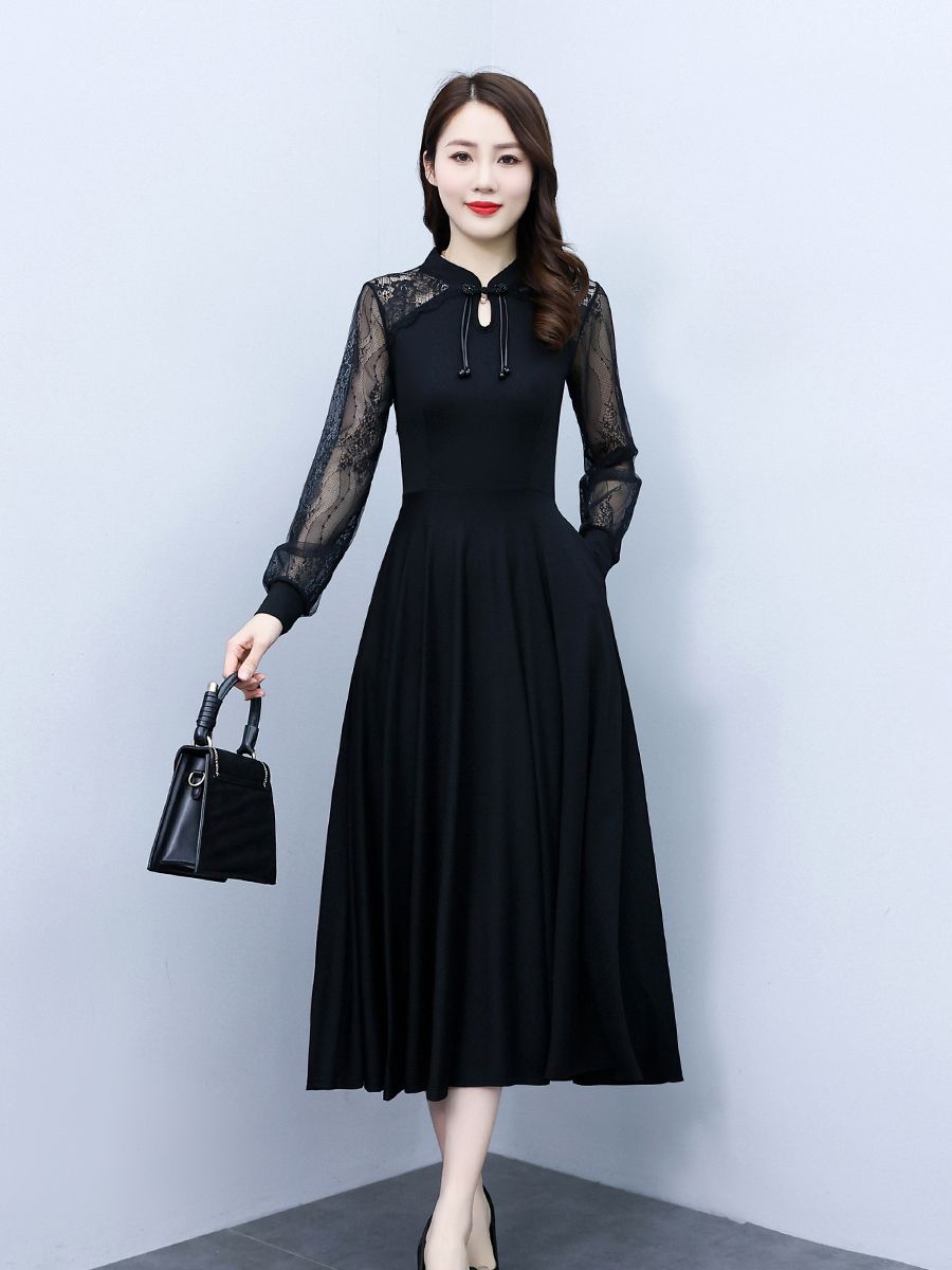 長袖連衣裙女2023新款秋季時尚洋氣顯瘦新中式改良旗袍中長款裙子