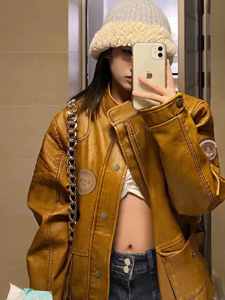 棕色機車皮衣外套女秋冬薄款美式vintage辣妹情侶棒球服PU皮夾克