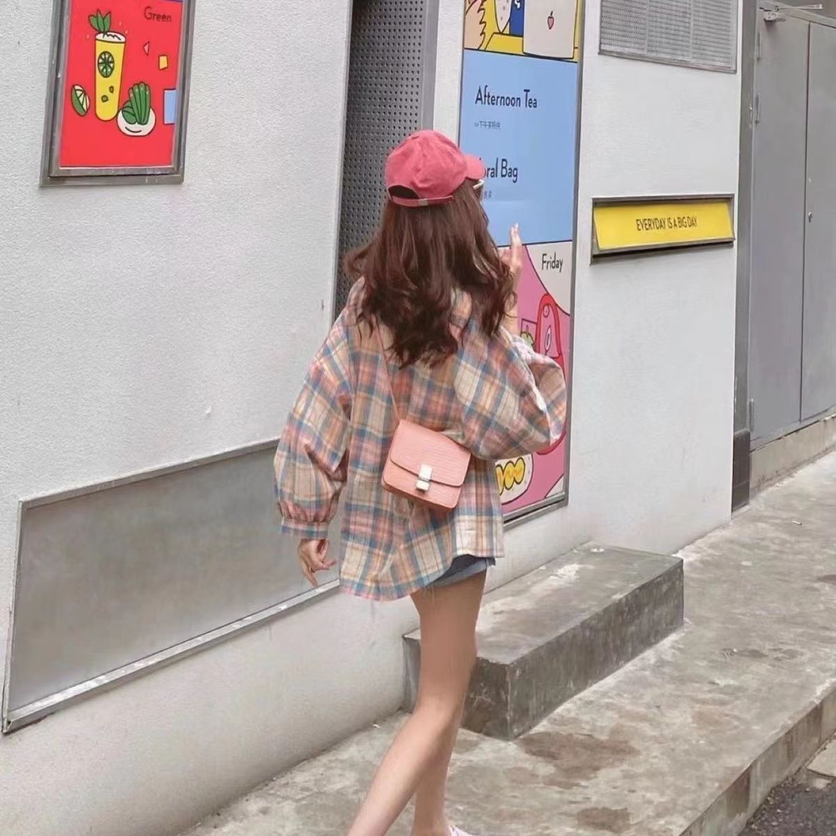 CONGRAZIO法式時尚格子襯衫上衣女秋設計感小眾復古寬鬆長袖襯衣