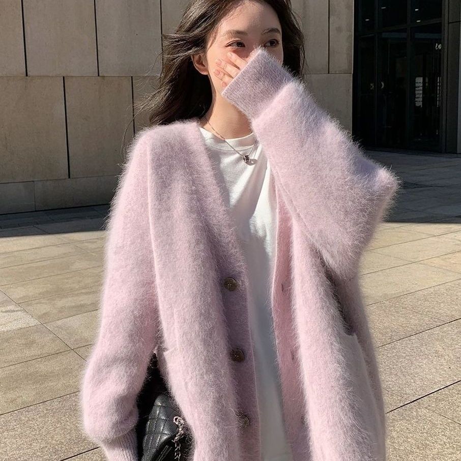 溫柔風軟糯v領毛衣外套女學生韓版寬鬆長袖純色針織開衫加厚上衣