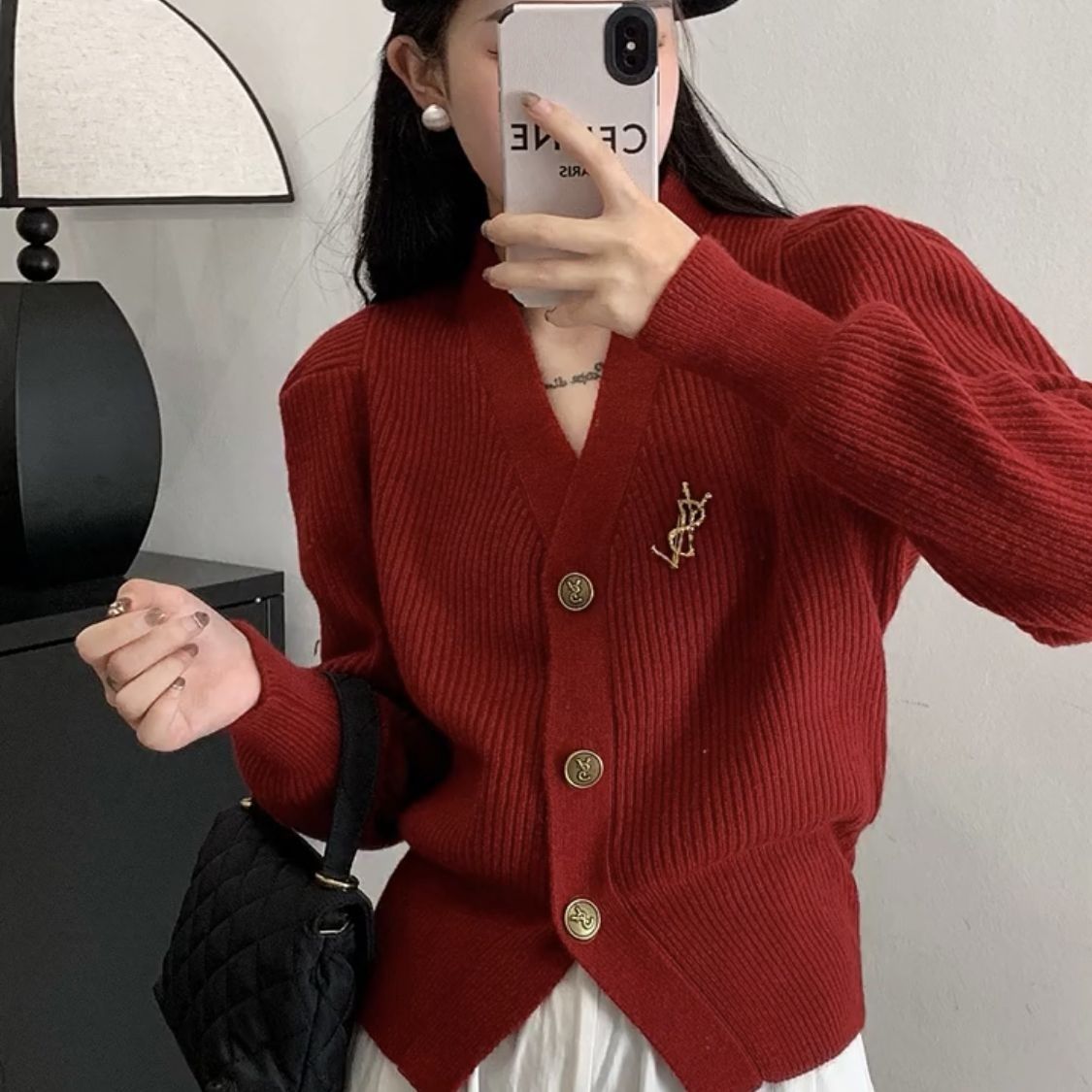 紅色短款毛衣外套女小個子百搭修身顯瘦長袖v領秋冬正肩針織開衫