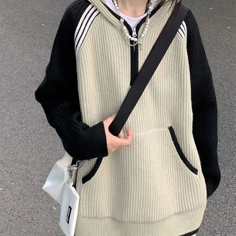 拼條連帽毛衣女插肩袖撞色針織衫國潮高級設計感寬鬆甜美遮肉上衣