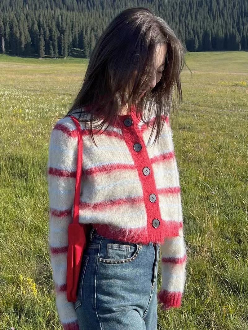 撞色條紋軟糯毛衣開衫外套女秋冬2023新款日系復古慵懶風針織上衣