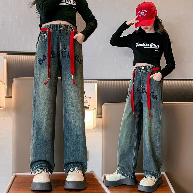 女童褲子春秋款洋氣休閒寬鬆秋季直筒中大童秋裝闊腿褲兒童牛仔褲