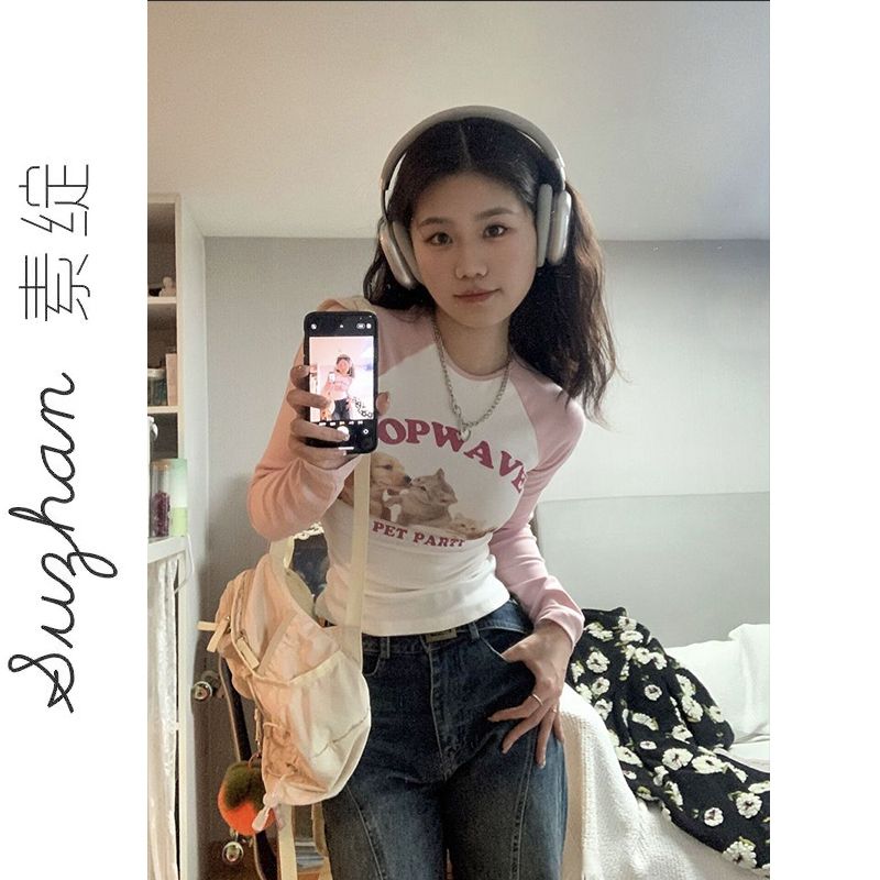 New all-match splicing thin section tight outerwear bottoming shirt top women Korean version printed round neck short long-sleeved T-shirt