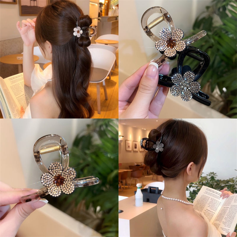 簡約中號抓夾閃閃花朵發抓後腦勺髮夾頂夾髮飾全扎半扎赫本風夾子