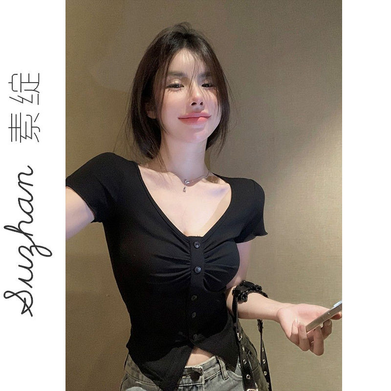 莫代爾黑色褶皺百搭短款設計感上衣女夏季小眾新款V領紐扣短袖T恤