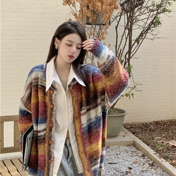 彩虹條紋毛衣外套女裝秋冬季韓版新款設計感慵懶風針織開衫上衣女