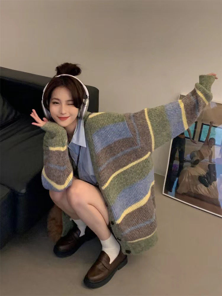 撞色設計感條紋V領毛衣開衫女復古寬鬆百搭學院風顯瘦針織衫外套