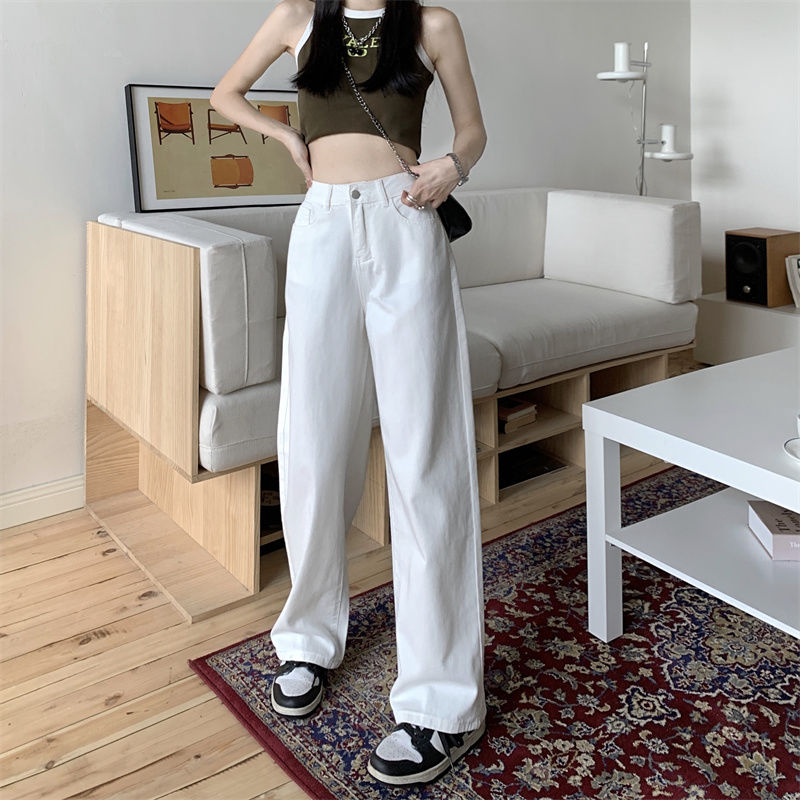 白色新款闊腿拖地褲高腰直筒設計感夏季薄款小眾女士牛仔褲子2023