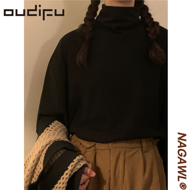 OUDIFU秋冬修身顯瘦復古堆堆領內搭高領德絨打底衫長袖t恤女ins潮