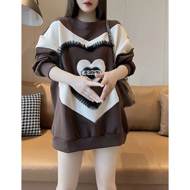 愛心撞色中長款衛衣女2022秋冬加絨復古時尚減齡休閒大碼上衣女潮
