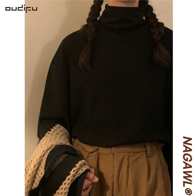 OUDIFU秋冬美式復古黑色德絨長袖打底衫修身高領內搭薄款t恤女潮